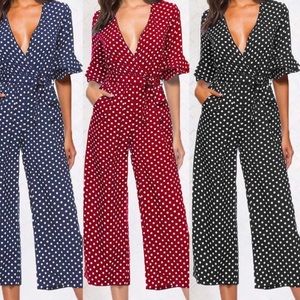 Polka dot romper cropped with tie & ruffled sleeve BLACK